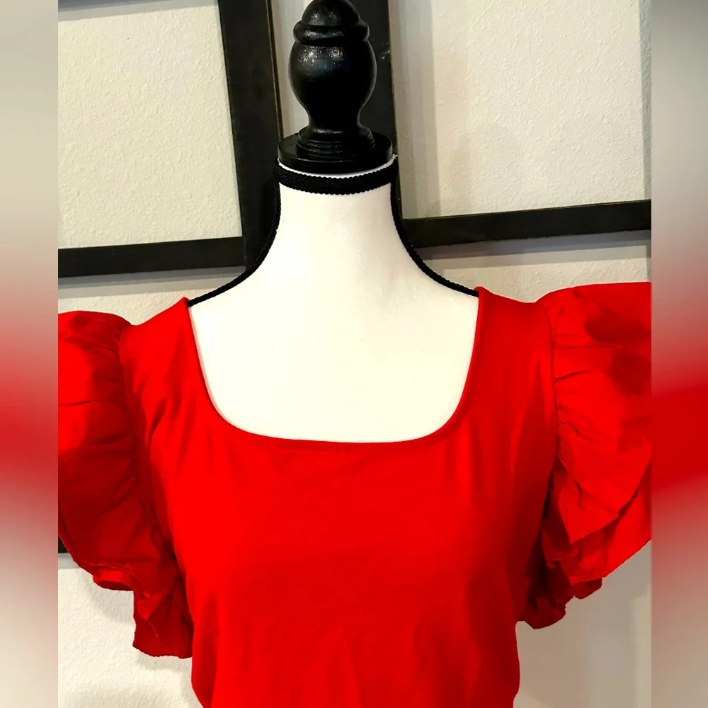 Elegant Red Ruffle Sleeve Top - Picture 2 of 2